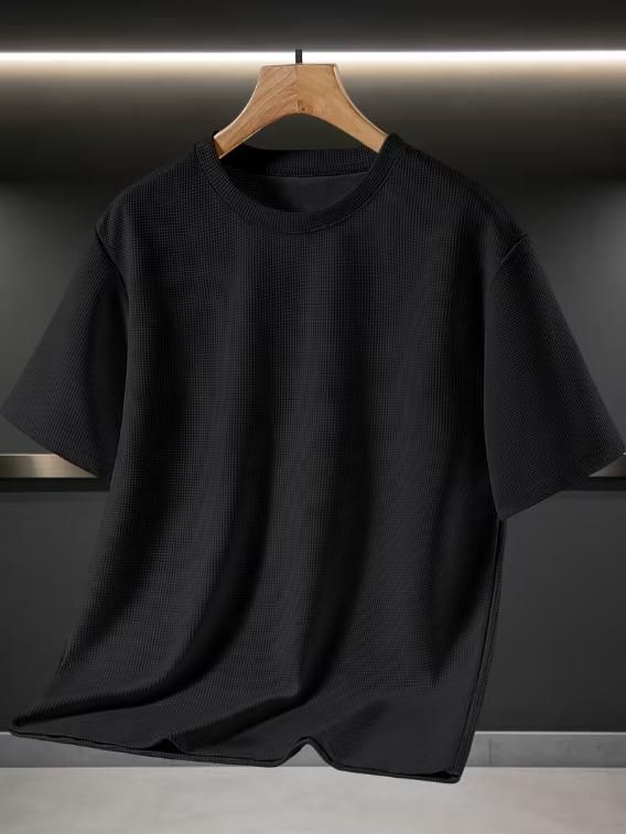 Men's Waffle Fabric Cooling Breathable Short Sleeve Black T-Shirt